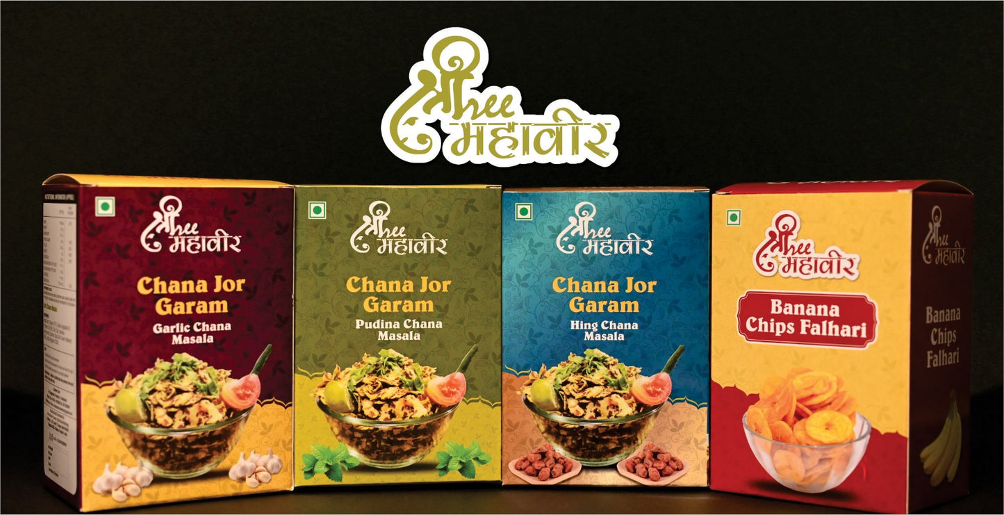 Shree Mahavir Combo Pack – Channa Jor Garam (Pudina, Hing, Garlic – 175g Each) + Banana Chips Pudina (175g)