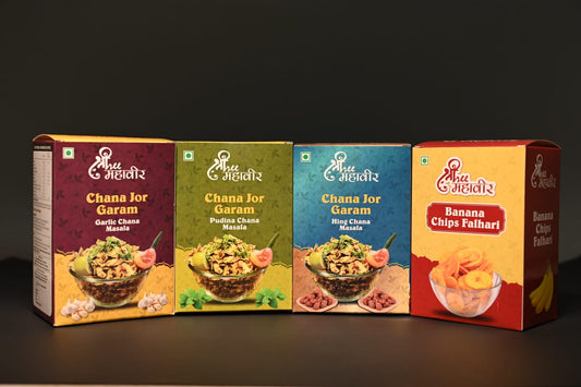 Shree Mahavir Combo Pack – Channa Jor Garam (Pudina, Hing, Garlic – 175g Each) + Banana Chips Pudina (175g)